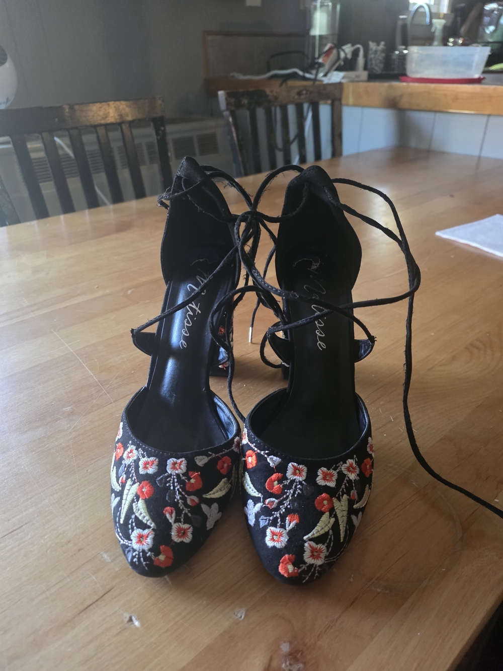 Matisse Black Embroidered Lace-Up Floral Heels